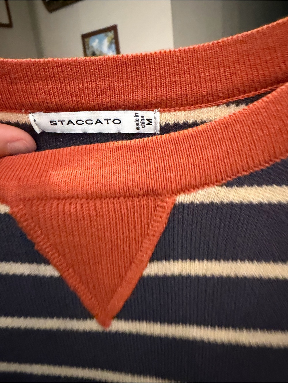 Staccato Navy and Cream Striped Crewneck Sweater with Orange Trim - Picture 2 of 3